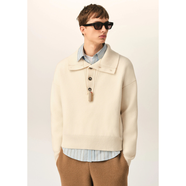 Pull AMI Paris col camionneur à boutons en maille laine écrue