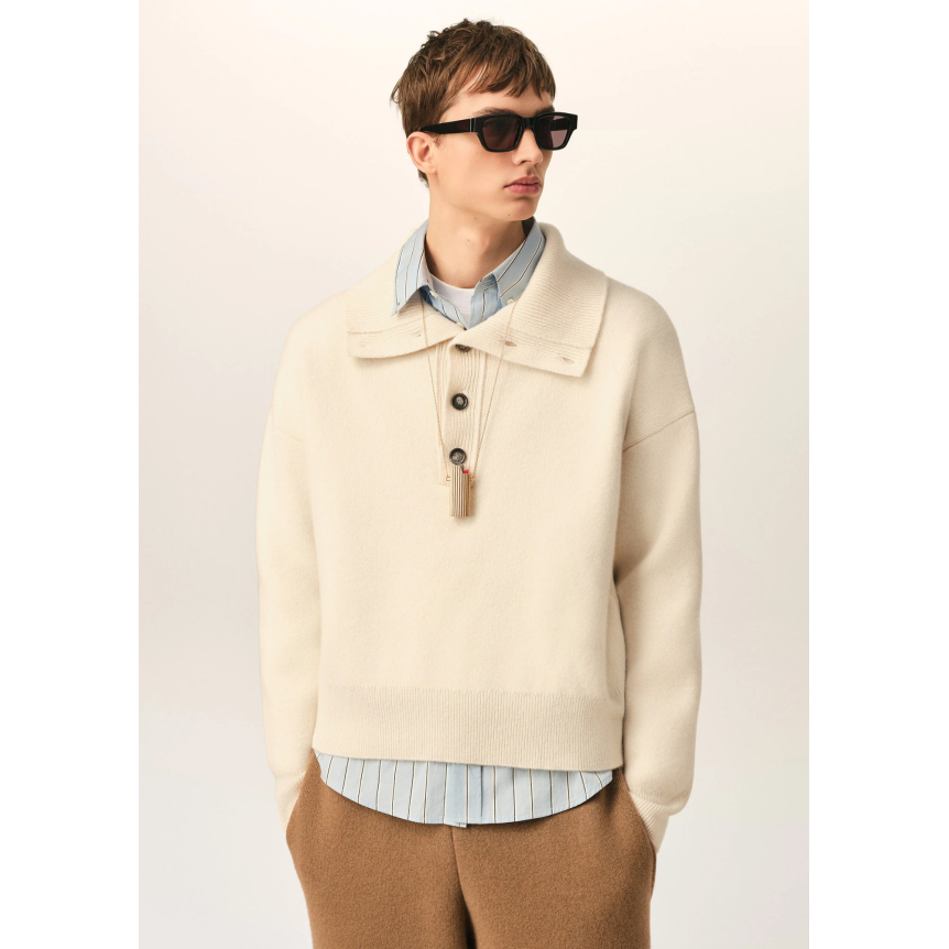 Pull AMI Paris col camionneur à boutons en maille laine écrue