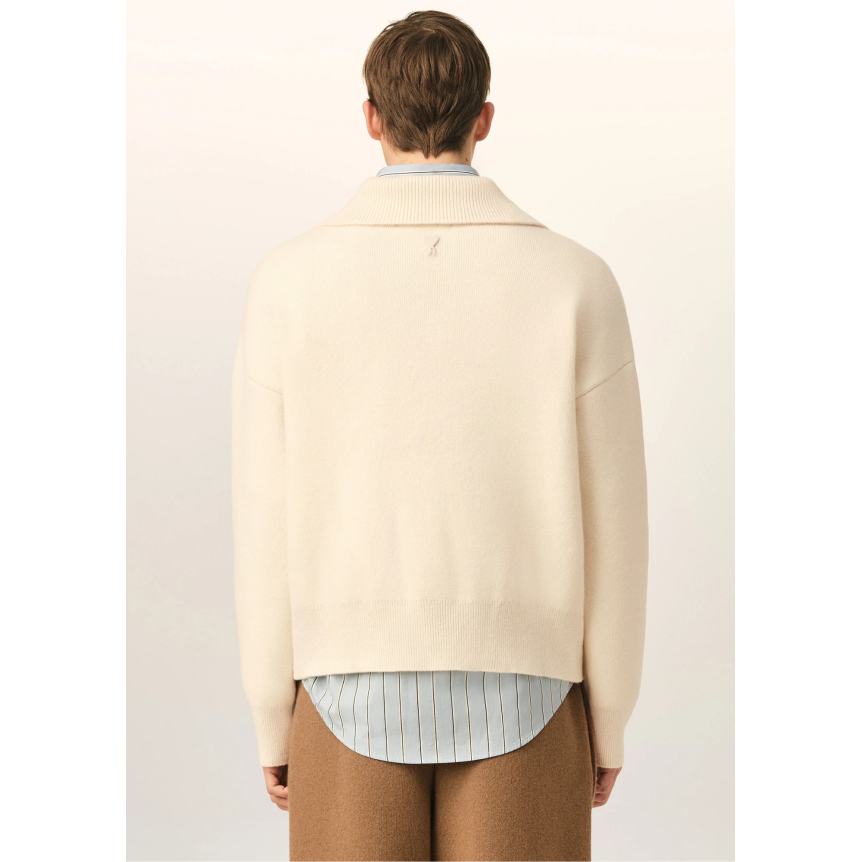 Pull AMI Paris col camionneur à boutons en maille laine écrue