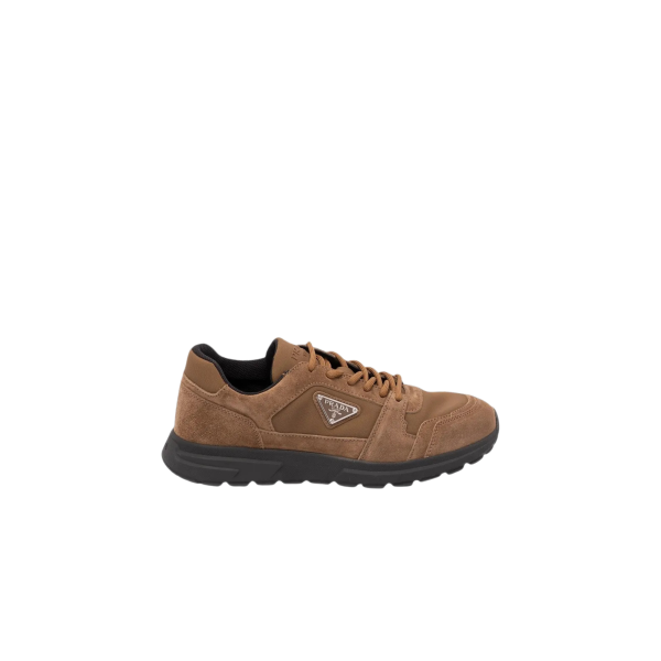 Basket Sneaker PRADA Prax en daim et Re Nylon marron clair semelle noire