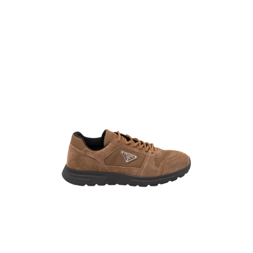 Basket Sneaker PRADA Prax en daim et Re Nylon marron clair semelle noire