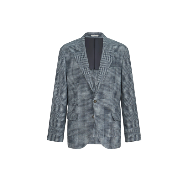 Veste croisée déstructurée BRUNELLO CUCINELLI laine cachemire Prince de Galles carreaux bleu