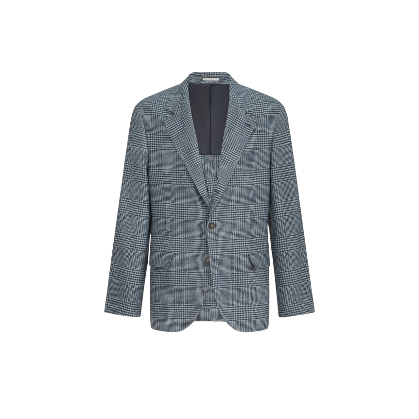Veste croisée déstructurée BRUNELLO CUCINELLI laine cachemire Prince de Galles carreaux bleu