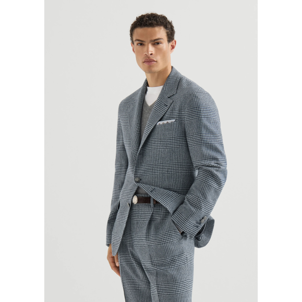 Veste croisée déstructurée BRUNELLO CUCINELLI laine cachemire Prince de Galles carreaux bleu