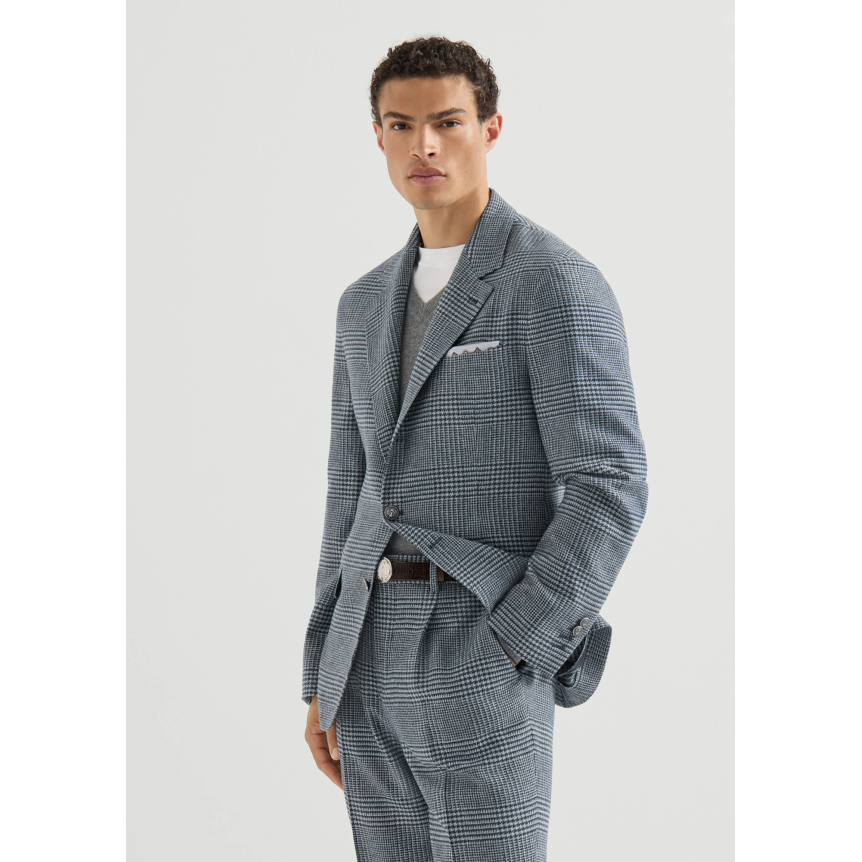 Veste croisée déstructurée BRUNELLO CUCINELLI laine cachemire Prince de Galles carreaux bleu