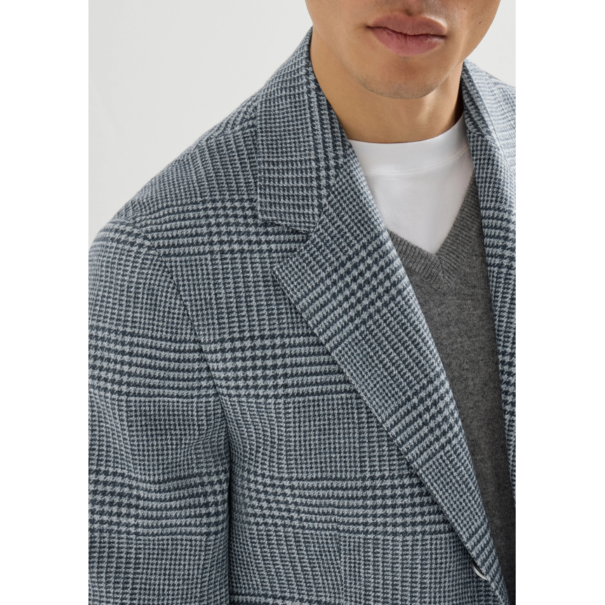 Veste croisée déstructurée BRUNELLO CUCINELLI laine cachemire Prince de Galles carreaux bleu