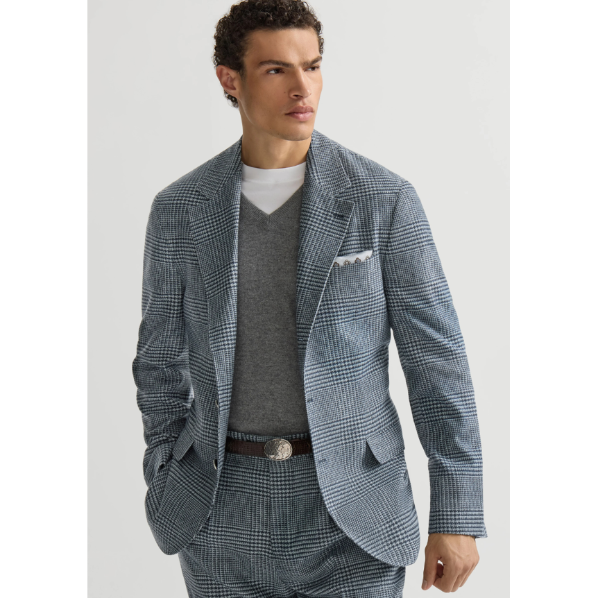 Veste croisée déstructurée BRUNELLO CUCINELLI laine cachemire Prince de Galles carreaux bleu