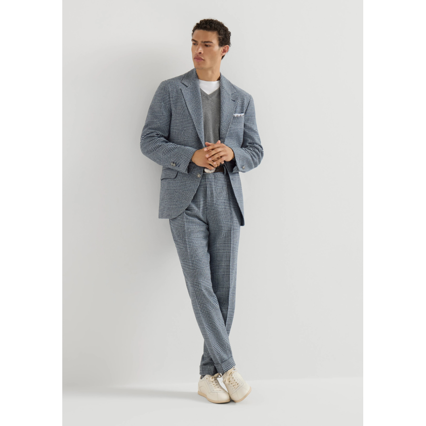 Veste croisée déstructurée BRUNELLO CUCINELLI laine cachemire Prince de Galles carreaux bleu