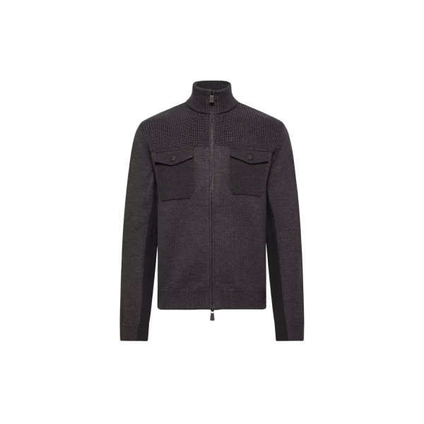 Cardigan zippé MONCLER col roulé laine vierge gris Grenoble Collection