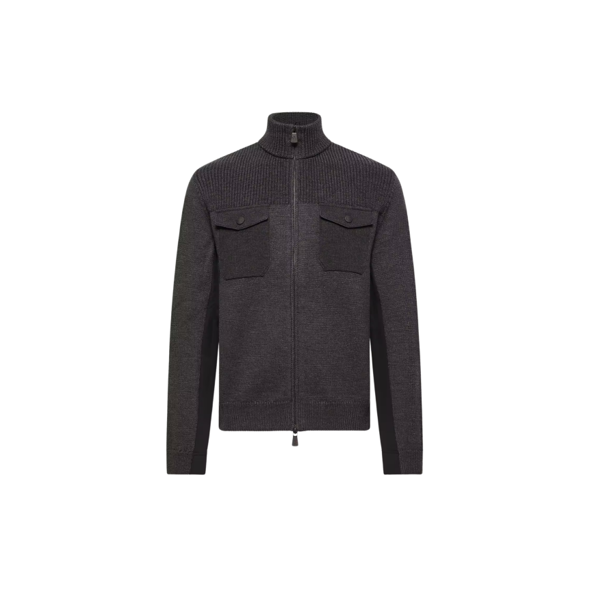 Cardigan zippé MONCLER col roulé laine vierge gris Grenoble Collection