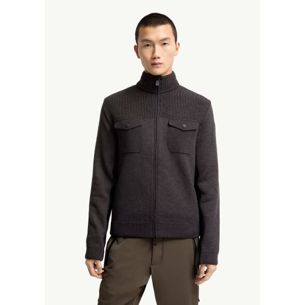 Cardigan zippé MONCLER col roulé laine vierge gris Grenoble Collection
