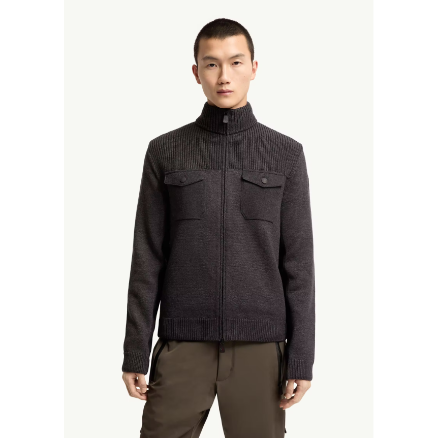 Cardigan zippé MONCLER col roulé laine vierge gris Grenoble Collection