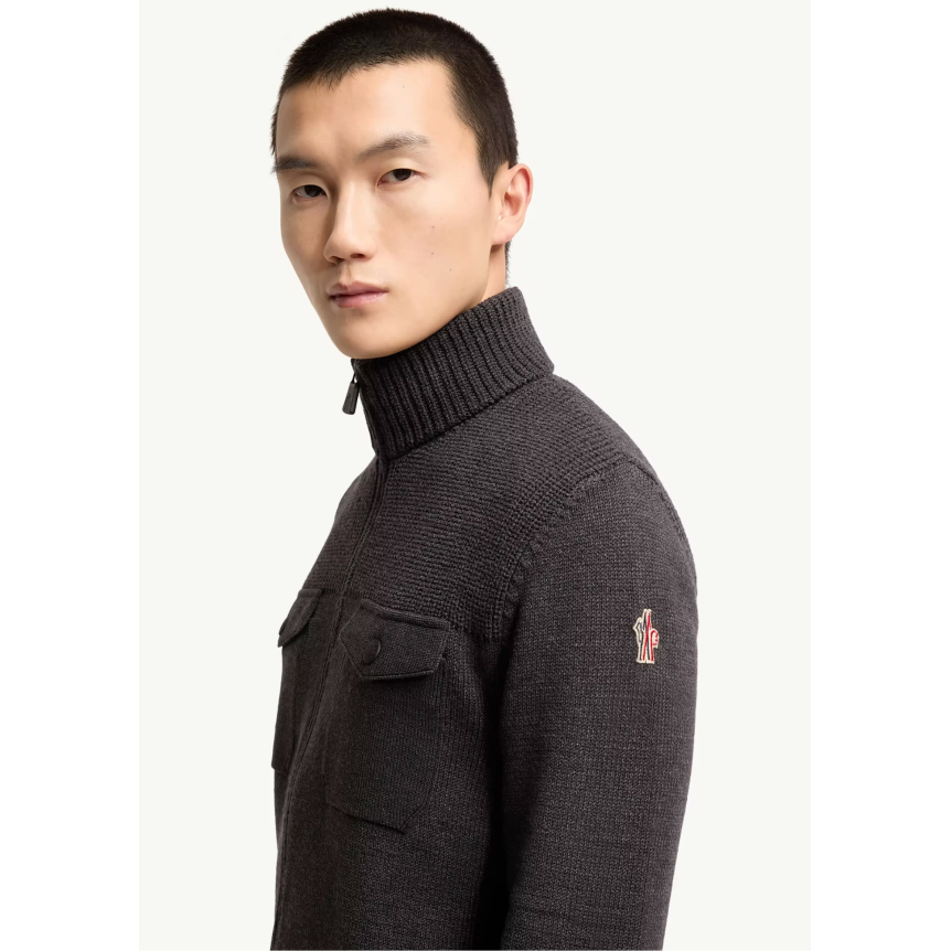 Cardigan zippé MONCLER col roulé laine vierge gris Grenoble Collection