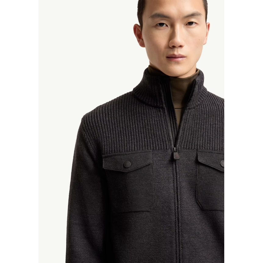 Cardigan zippé MONCLER col roulé laine vierge gris Grenoble Collection