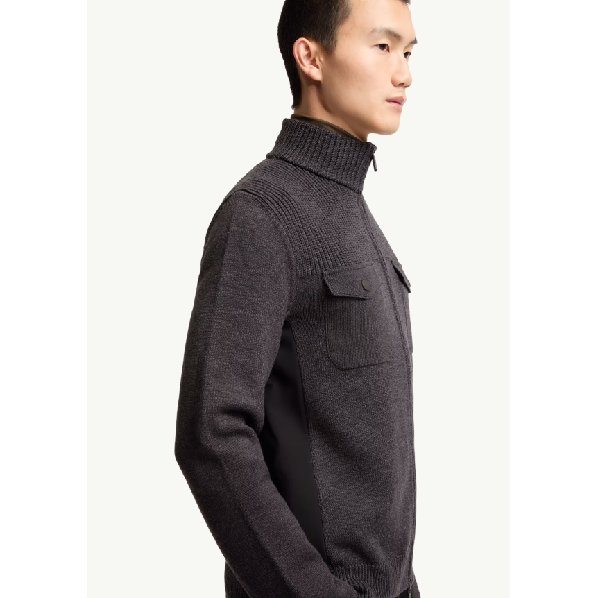 Cardigan zippé MONCLER col roulé laine vierge gris Grenoble Collection