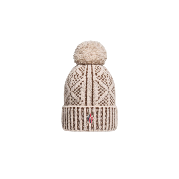 Bonnet MONCLER en laine alpaga mélangé beige marron avec pompon Grenoble Collection