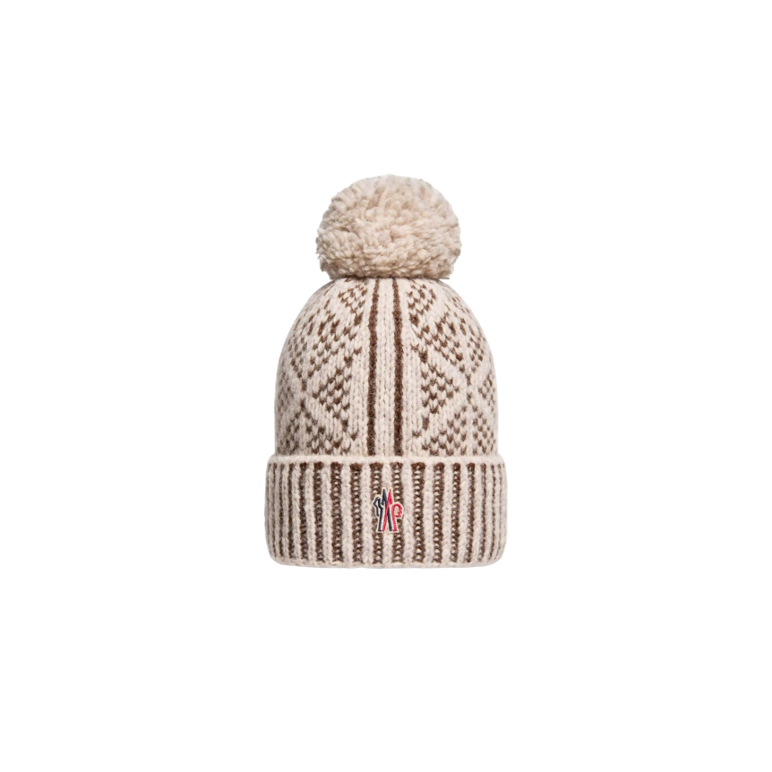Bonnet MONCLER en laine alpaga mélangé beige marron avec pompon Grenoble Collection