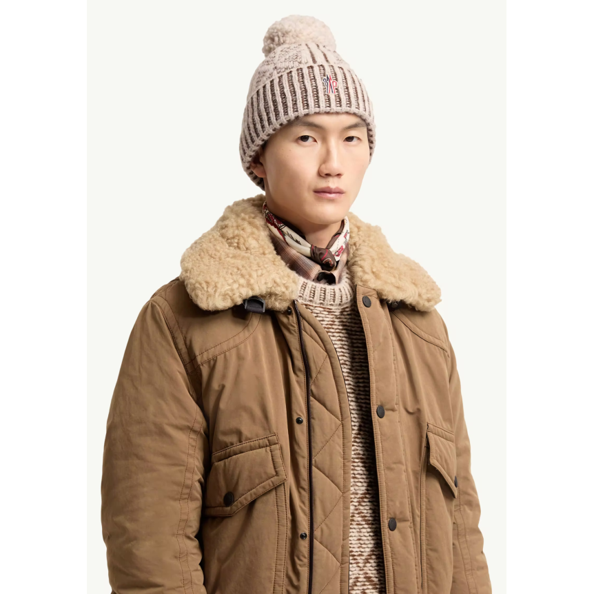 Bonnet MONCLER en laine alpaga mélangé beige marron avec pompon Grenoble Collection