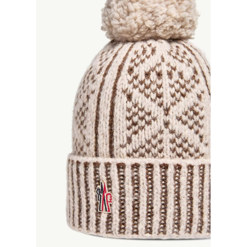 Bonnet MONCLER en laine alpaga mélangé beige marron avec pompon Grenoble Collection