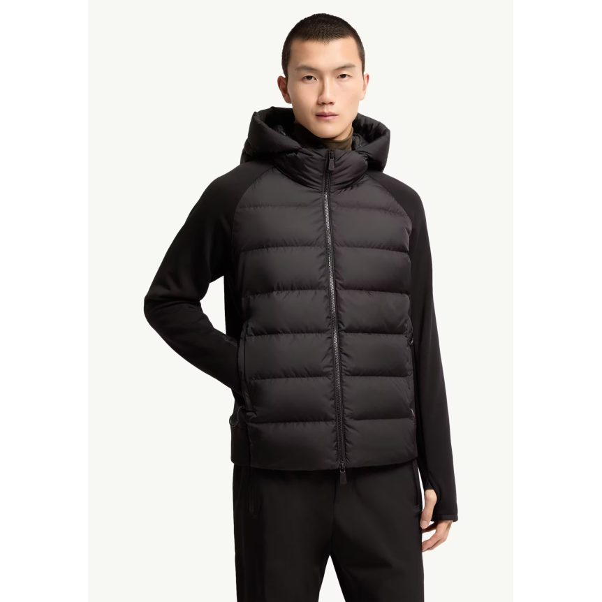 Cardigan zippé à capuche MONCLER bi matière laine et Polartec matelassé noir Grenoble Collection