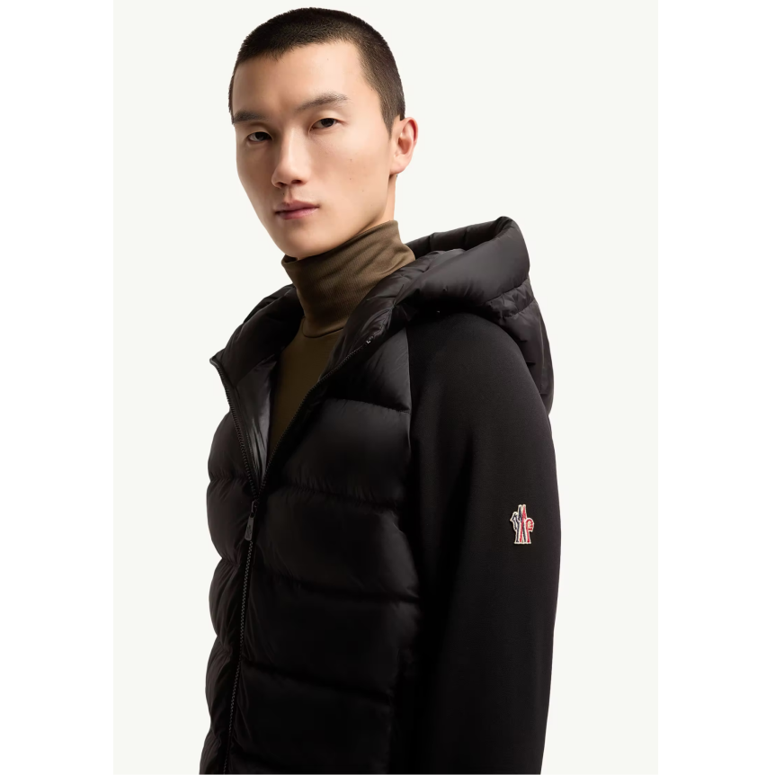 Cardigan zippé à capuche MONCLER bi matière laine et Polartec matelassé noir Grenoble Collection