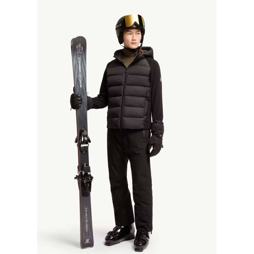 Cardigan zippé à capuche MONCLER bi matière laine et Polartec matelassé noir Grenoble Collection