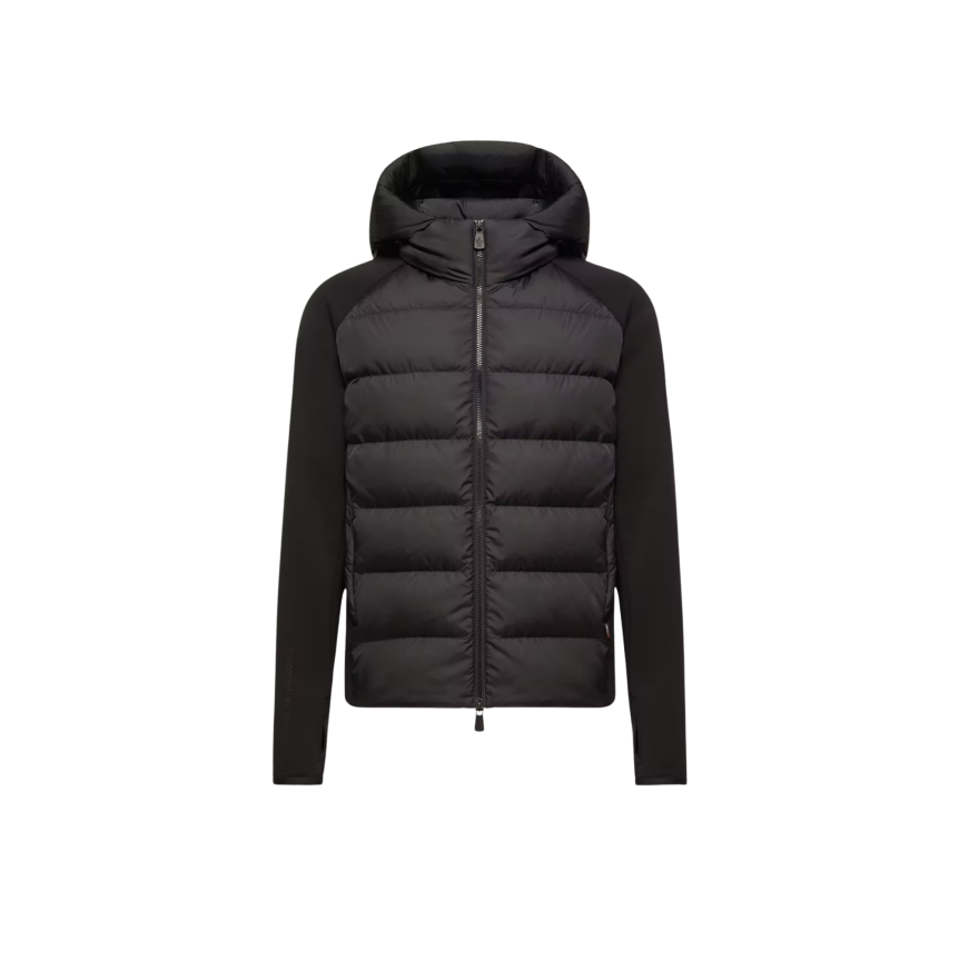 Cardigan zippé à capuche MONCLER bi matière laine et Polartec matelassé noir Grenoble Collection