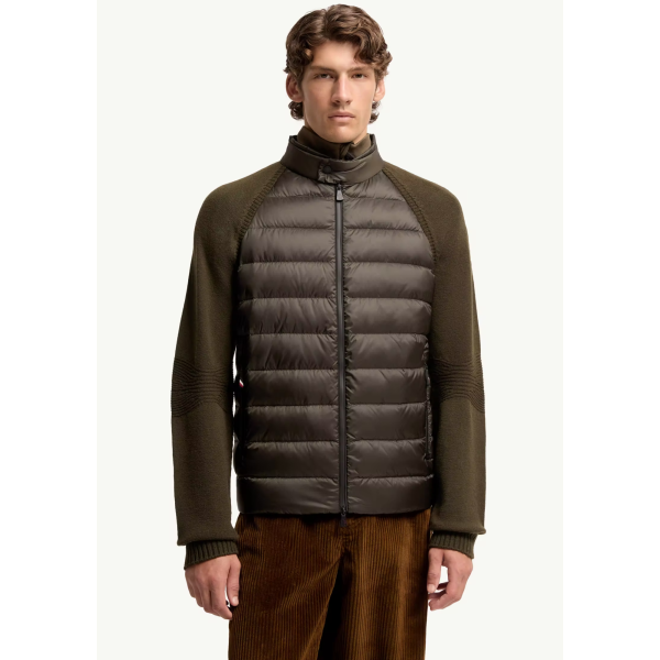 Cardigan zippé MONCLER bi matière en laine mélangée matelassé kaki Grenoble Collection