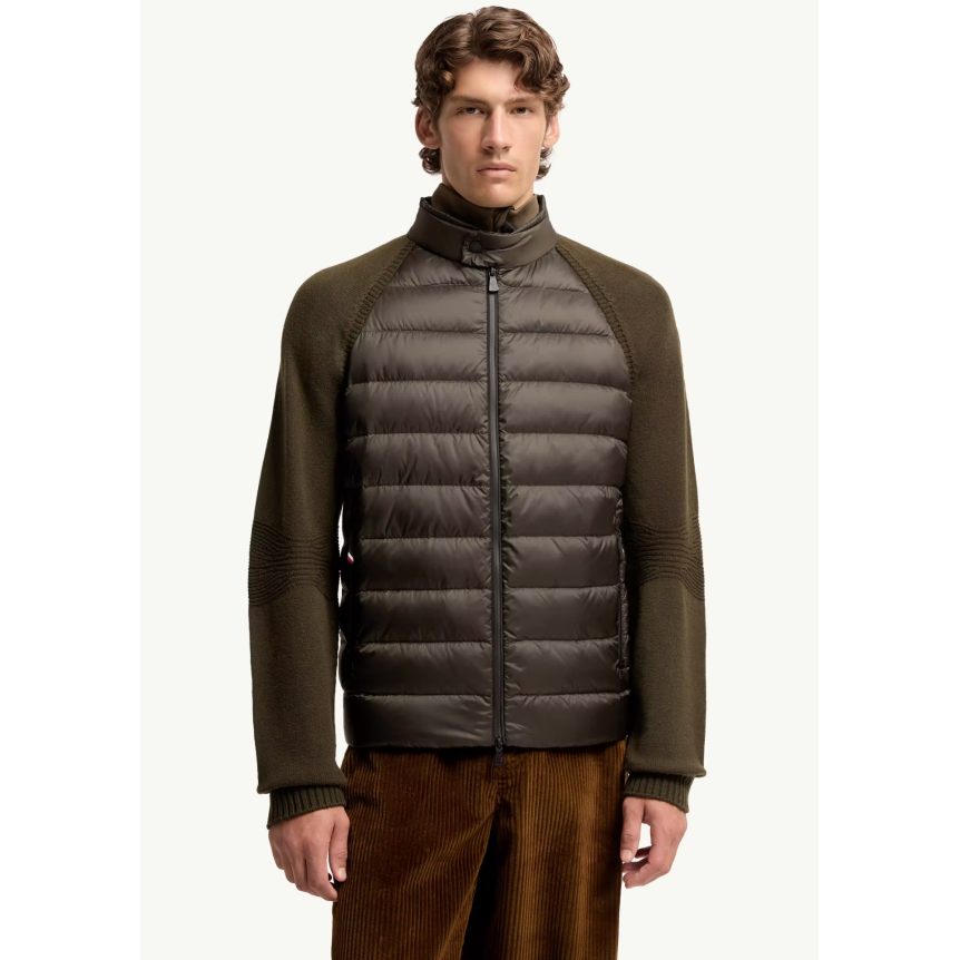 Cardigan zippé MONCLER bi matière en laine mélangée matelassé kaki Grenoble Collection