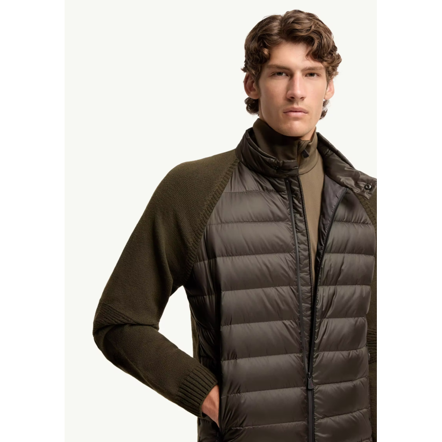 Cardigan zippé MONCLER bi matière en laine mélangée matelassé kaki Grenoble Collection