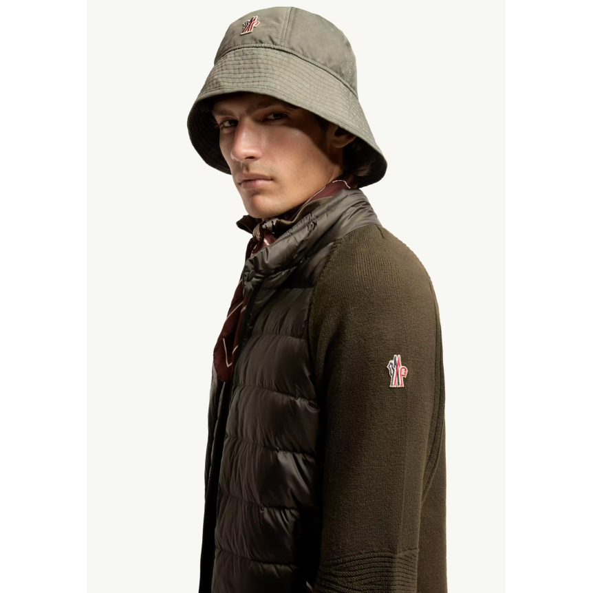 Cardigan zippé MONCLER bi matière en laine mélangée matelassé kaki Grenoble Collection