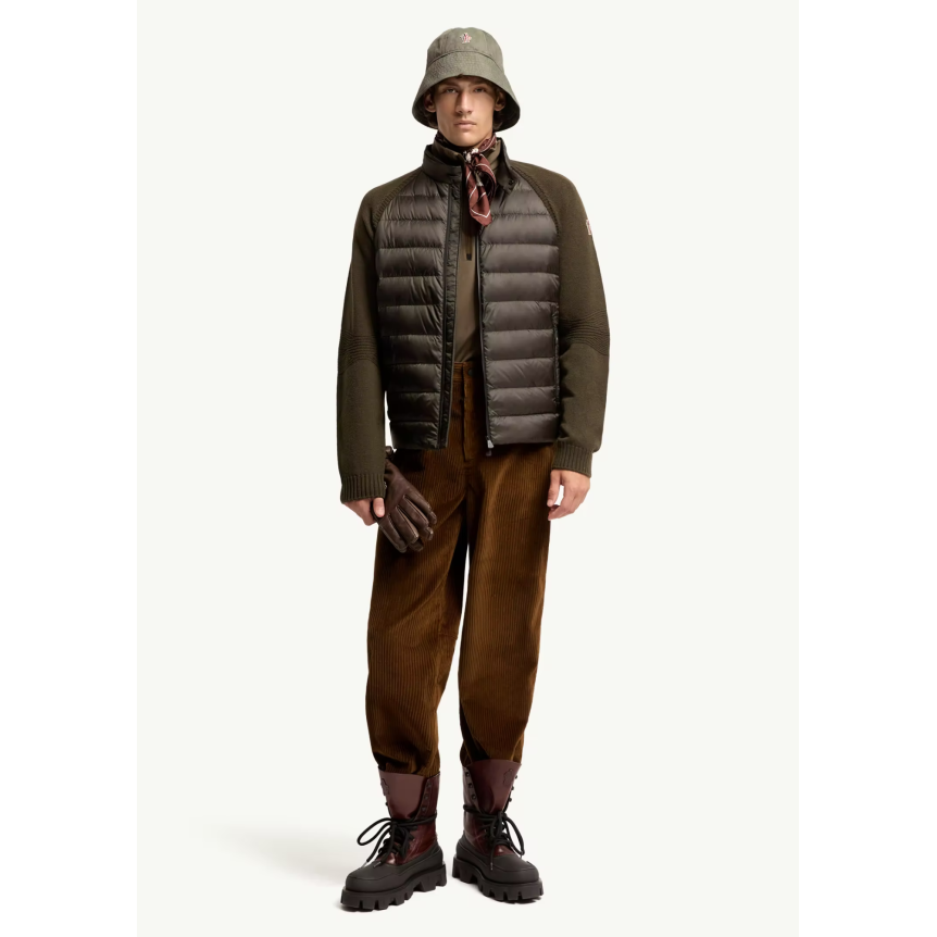 Cardigan zippé MONCLER bi matière en laine mélangée matelassé kaki Grenoble Collection
