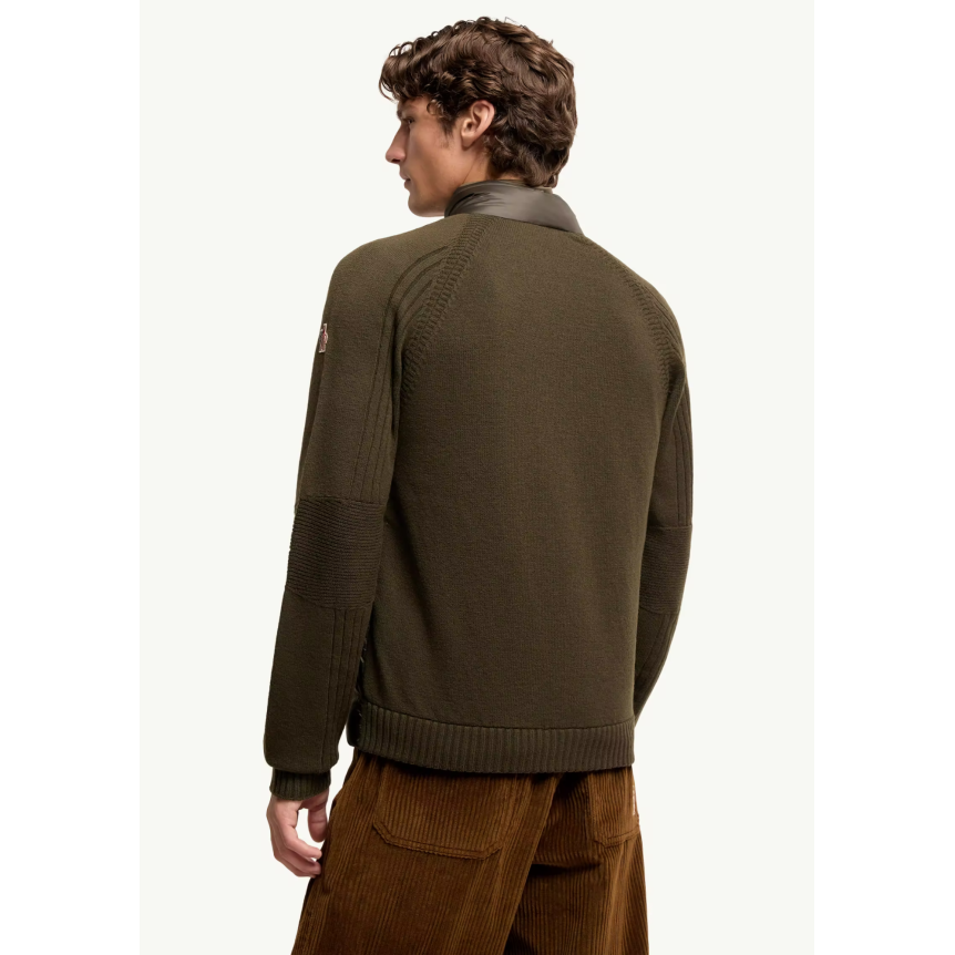 Cardigan zippé MONCLER bi matière en laine mélangée matelassé kaki Grenoble Collection