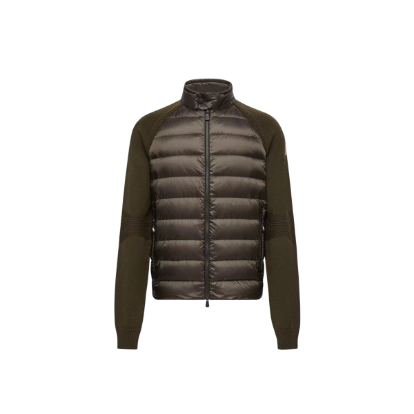Cardigan zippé MONCLER bi matière en laine mélangée matelassé kaki Grenoble Collection