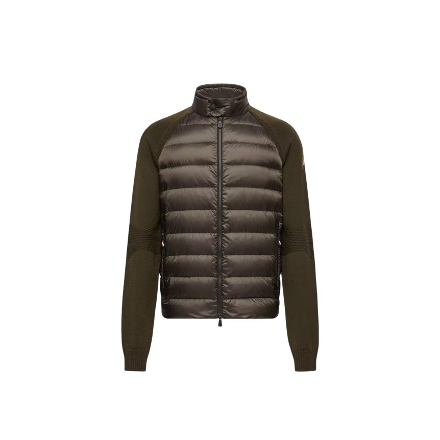 Cardigan zippé MONCLER bi matière en laine mélangée matelassé kaki Grenoble Collection