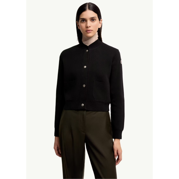 Cardigan à bouton pression MONCLER laine cachemire mélangé noir dos matelassé poches