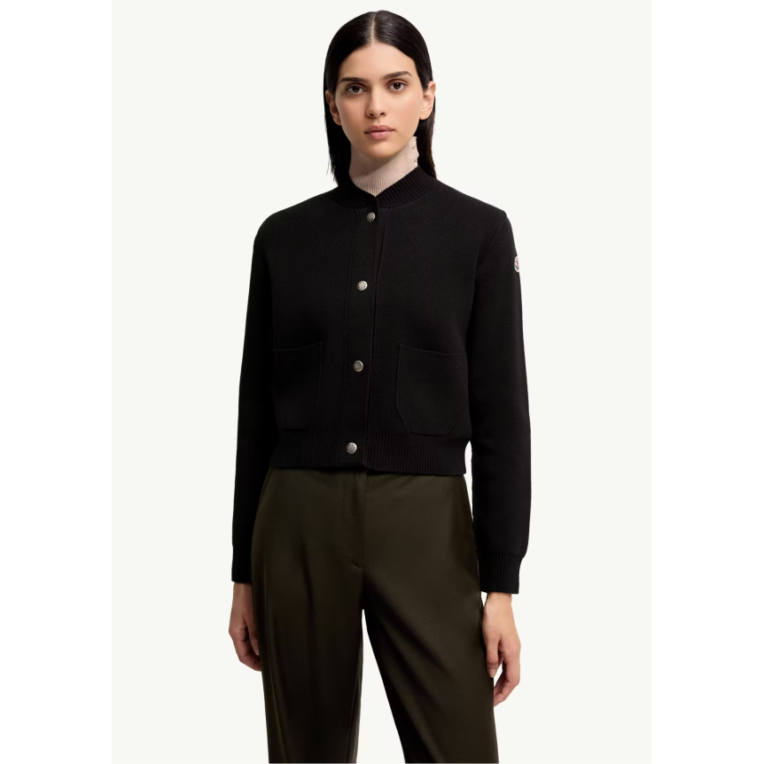 Cardigan à bouton pression MONCLER laine cachemire mélangé noir dos matelassé poches