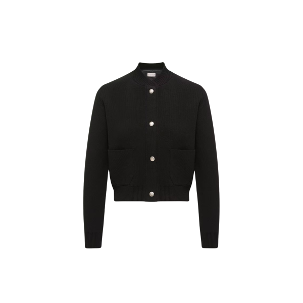 Cardigan à bouton pression MONCLER laine cachemire mélangé noir dos matelassé poches