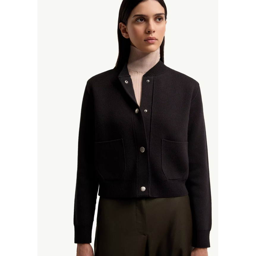 Cardigan à bouton pression MONCLER laine cachemire mélangé noir dos matelassé poches
