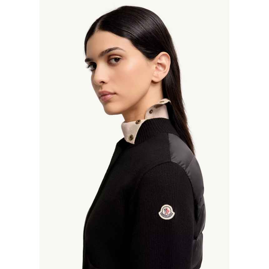 Cardigan à bouton pression MONCLER laine cachemire mélangé noir dos matelassé poches