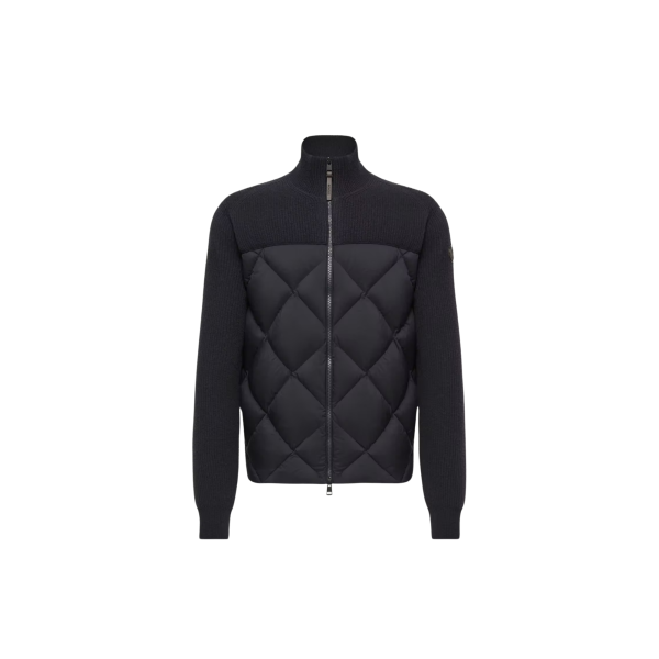 Cardigan zippé en laine et cachemire bleu marine MONCLER rembourré de duvet losange
