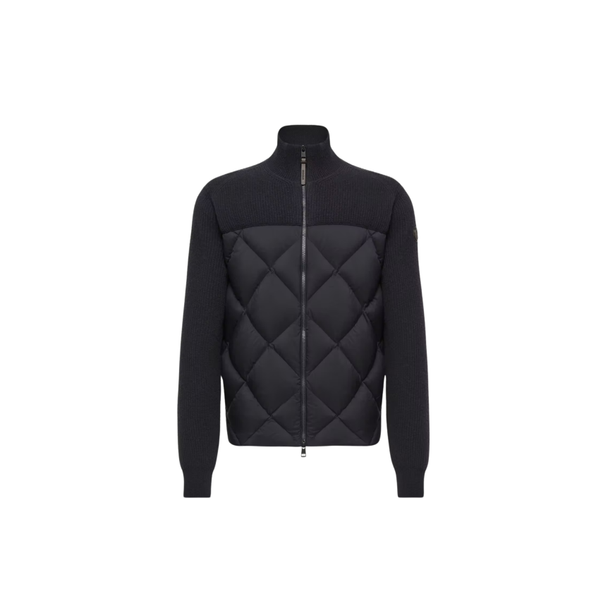 Cardigan zippé en laine et cachemire bleu marine MONCLER rembourré de duvet losange