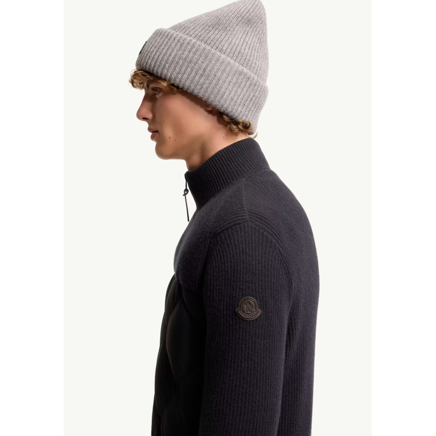 Cardigan zippé en laine et cachemire bleu marine MONCLER rembourré de duvet losange