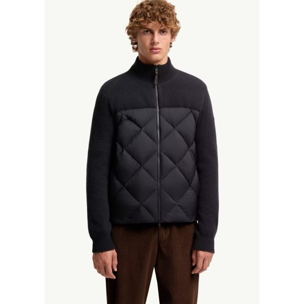 Cardigan zippé en laine et cachemire bleu marine MONCLER rembourré de duvet losange