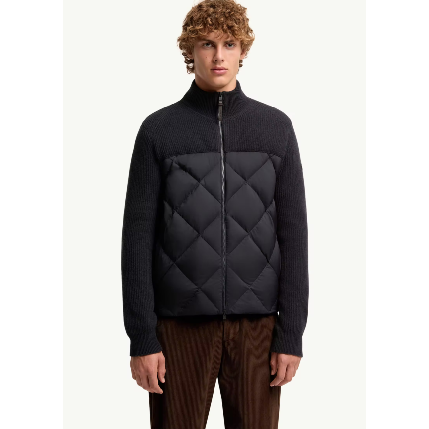 Cardigan zippé en laine et cachemire bleu marine MONCLER rembourré de duvet losange