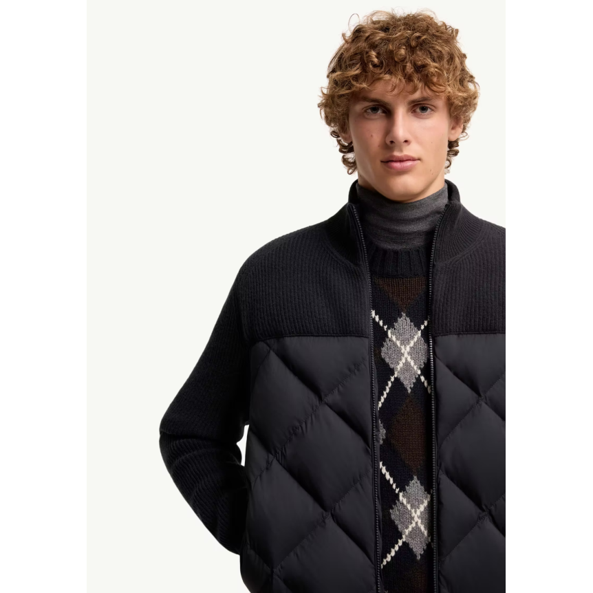 Cardigan zippé en laine et cachemire bleu marine MONCLER rembourré de duvet losange