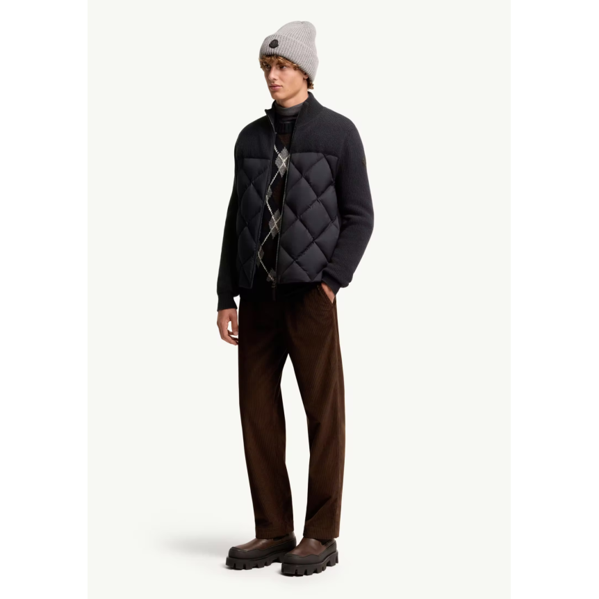 Cardigan zippé en laine et cachemire bleu marine MONCLER rembourré de duvet losange