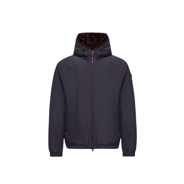 Doudoune courte MONCLER Zambood nylon bleu marine capuche fourrure marron