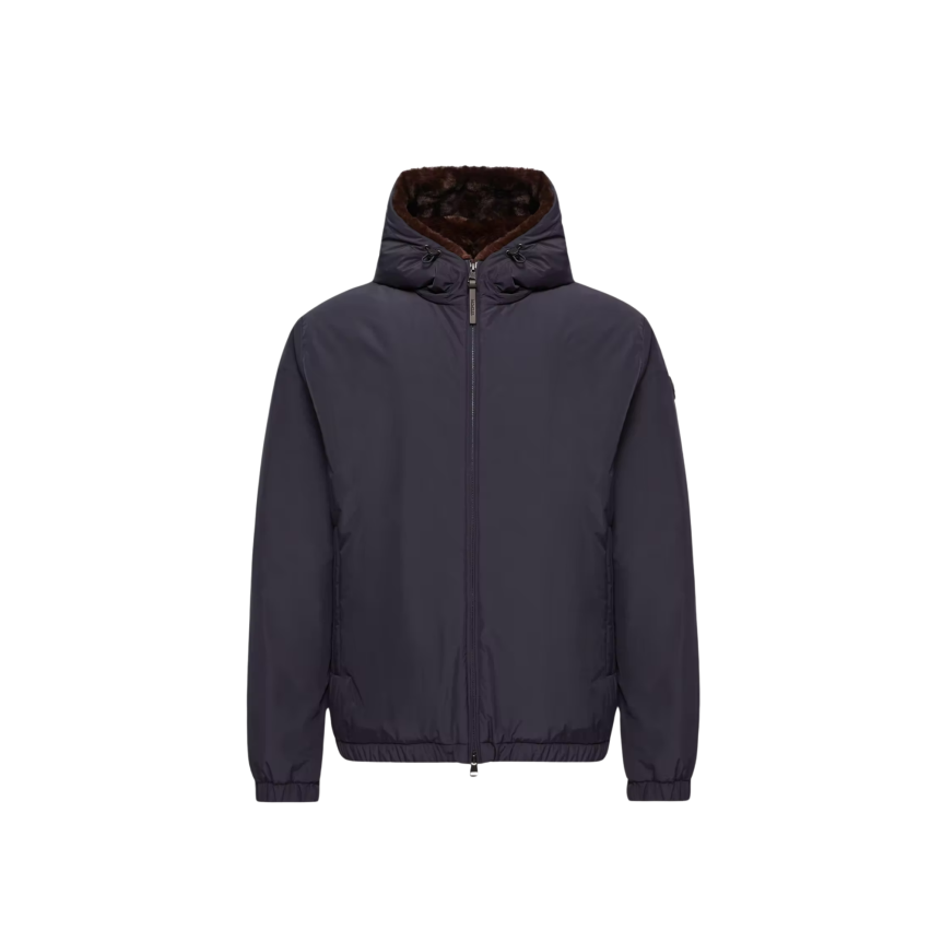 Doudoune courte MONCLER Zambood nylon bleu marine capuche fourrure marron