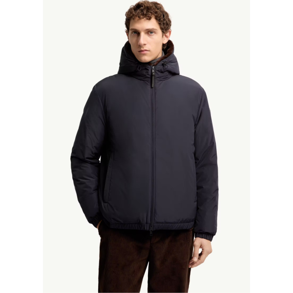 Doudoune courte MONCLER Zambood nylon bleu marine capuche fourrure marron